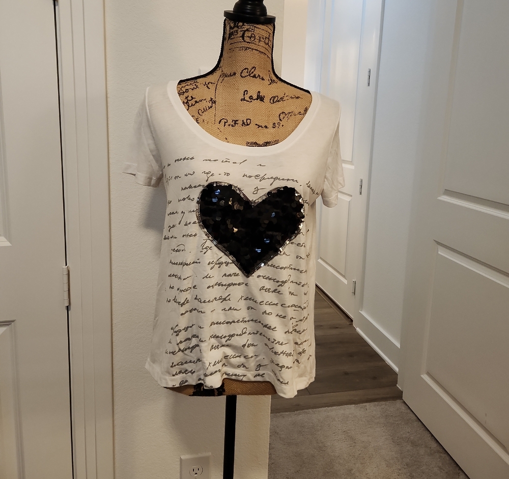 L.O.L. Vintage White Tee with Black Sequin Heart